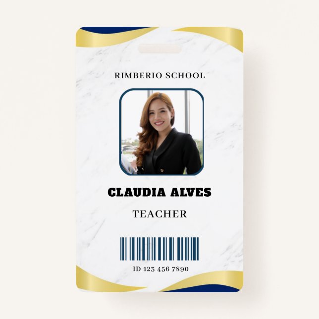 Blue and Gold Modern Teacher Portrait Company  ID Badge (Front)