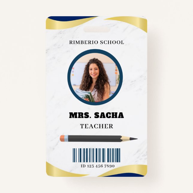 Blue and Gold Modern Teacher Portrait Company  ID Badge (Front)