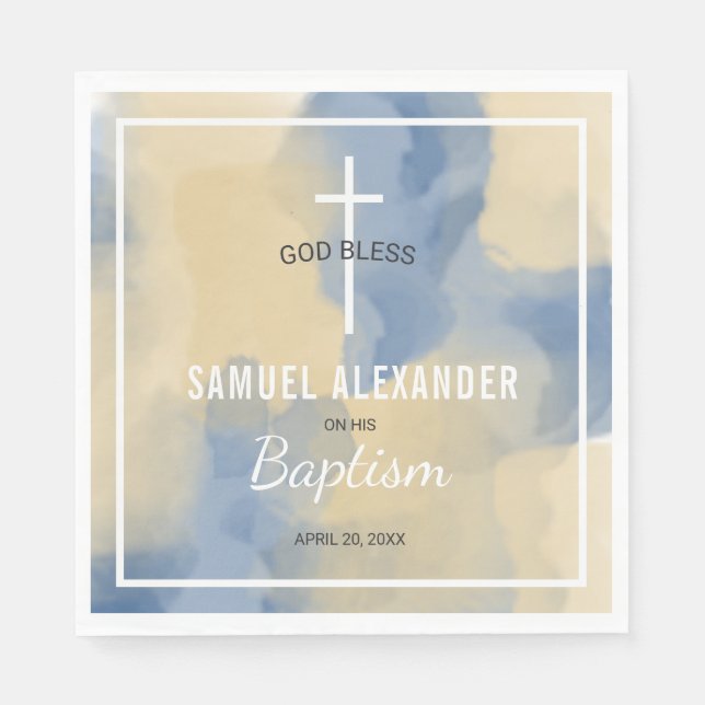 Blue and Gold Modern Watercolor Baby Boy Baptism Napkin (Front)