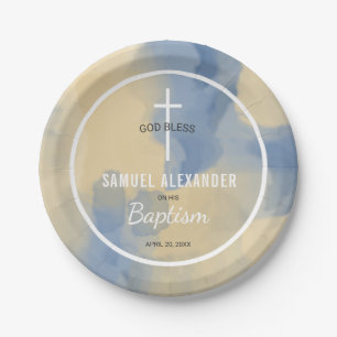 Blue and Gold Modern Watercolor Baby Boy Baptism Paper Plate