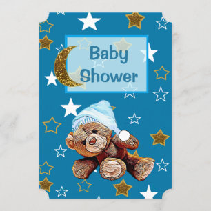 Blue and Gold Moon and Stars Baby Shower Invites