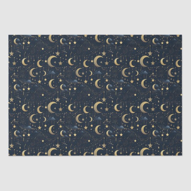 Blue and gold moon and stars tissue paper (Front)