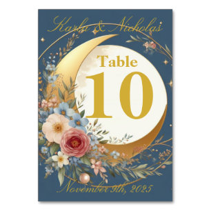 Blue and Gold Moonflower Wedding Table Number