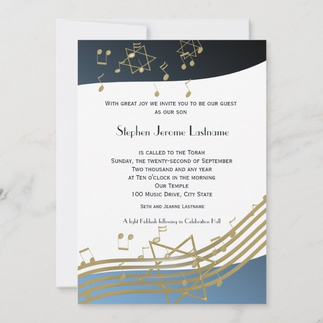 Blue and Gold Music Bar Mitzvah Invitation (Back)