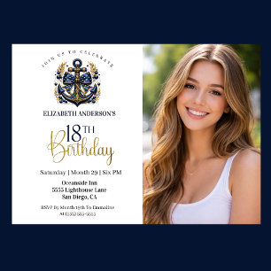 Blue and Gold Nautical Anchor 18th Birthday Photo Invitation