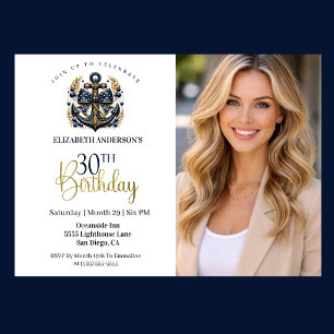 Blue and Gold Nautical Anchor 30th Birthday Photo Invitation