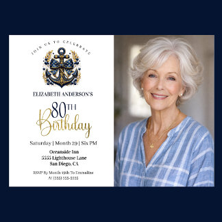 Blue and Gold Nautical Anchor 80th Birthday Photo Invitation
