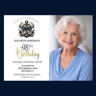 Blue and Gold Nautical Anchor 98th Birthday Photo Invitation