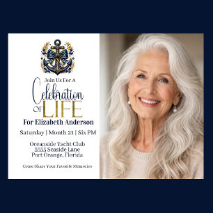 Blue and Gold Nautical Anchor Celebration Of Life Invitation