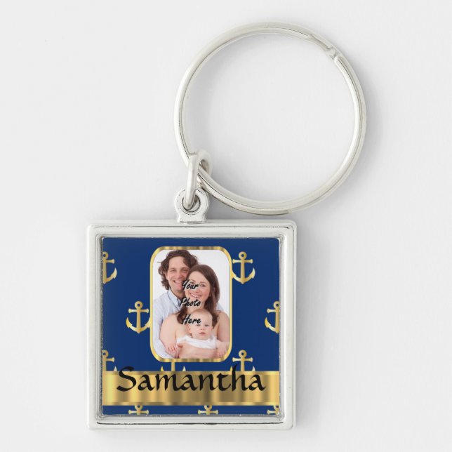 Blue and gold nautical anchor patterned key ring (Front)