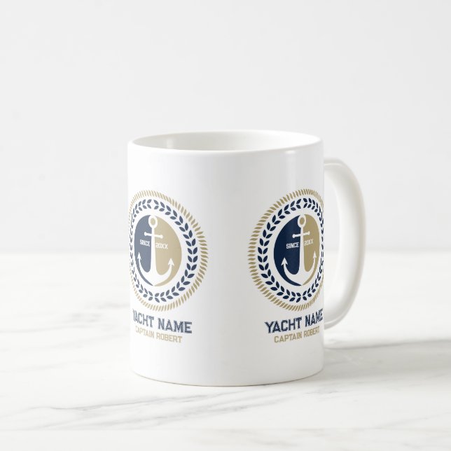 Blue and gold nautical boat anchor coffee mug (Front Right)