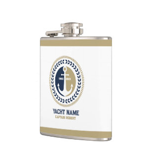 Blue and gold nautical boat anchor hip flask