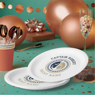 Blue and gold nautical boat anchor paper plate