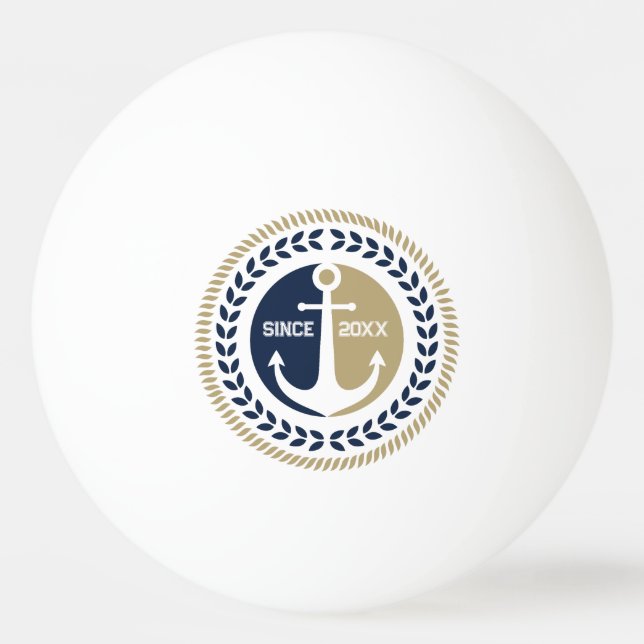 Blue and gold nautical boat anchor ping pong ball (Front)