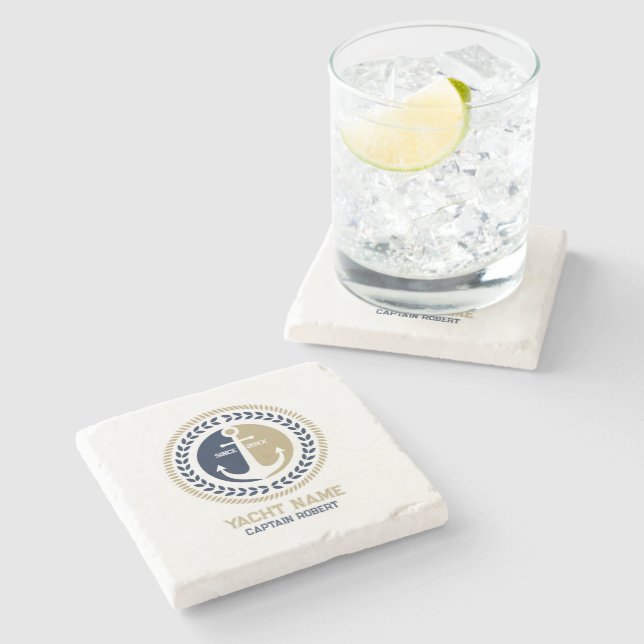 Blue and gold nautical boat anchor stone coaster (Side)