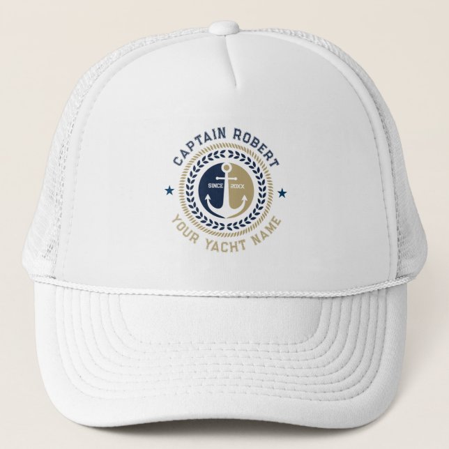 Blue and gold nautical boat anchor trucker hat (Front)