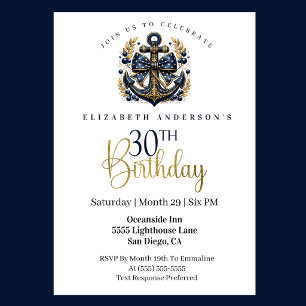 Blue and Gold Nautical Bow Anchor 30th Birthday Invitation