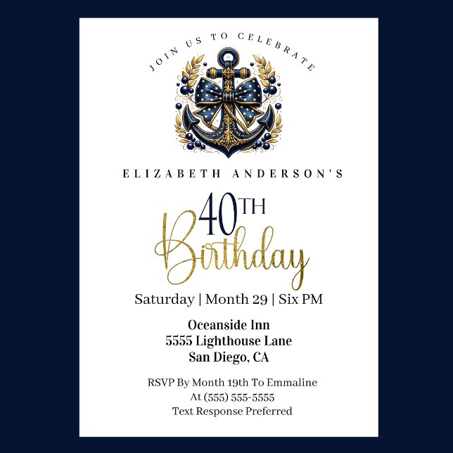 Blue and Gold Nautical Bow Anchor 40th Birthday Invitation (Blue and gold nautical anchor 40th birthday invitation)