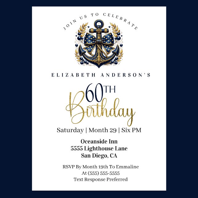 Blue and Gold Nautical Bow Anchor 60th Birthday Invitation (Blue and gold nautical 60th birthday invitation)