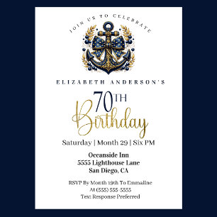 Blue and Gold Nautical Bow Anchor 70th Birthday Invitation