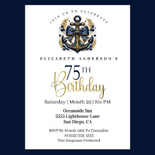 Blue and Gold Nautical Bow Anchor 75th Birthday Invitation