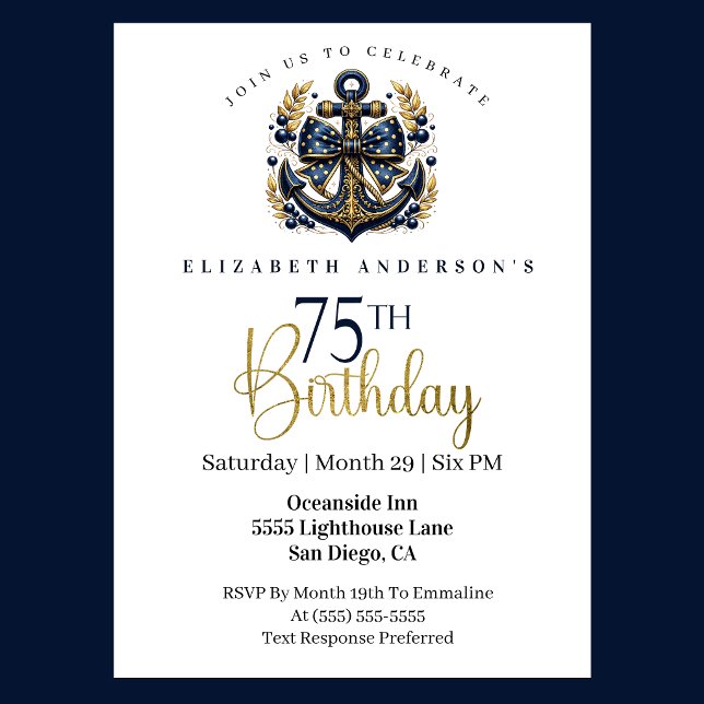 Blue and Gold Nautical Bow Anchor 75th Birthday Invitation (Blue and gold nautical 75th birthday invitation)