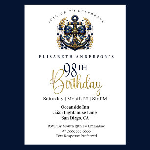 Blue and Gold Nautical Bow Anchor 98th Birthday Invitation