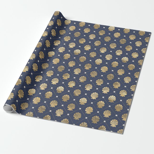 Blue and Gold Nautical Shell Pattern Wrapping Paper (Unrolled)