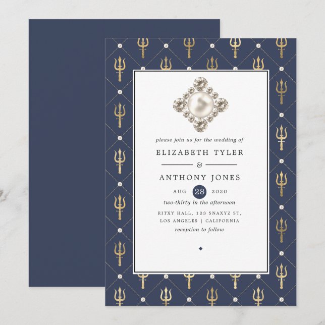 Blue and Gold Nautical Wedding Invitation (Front/Back)