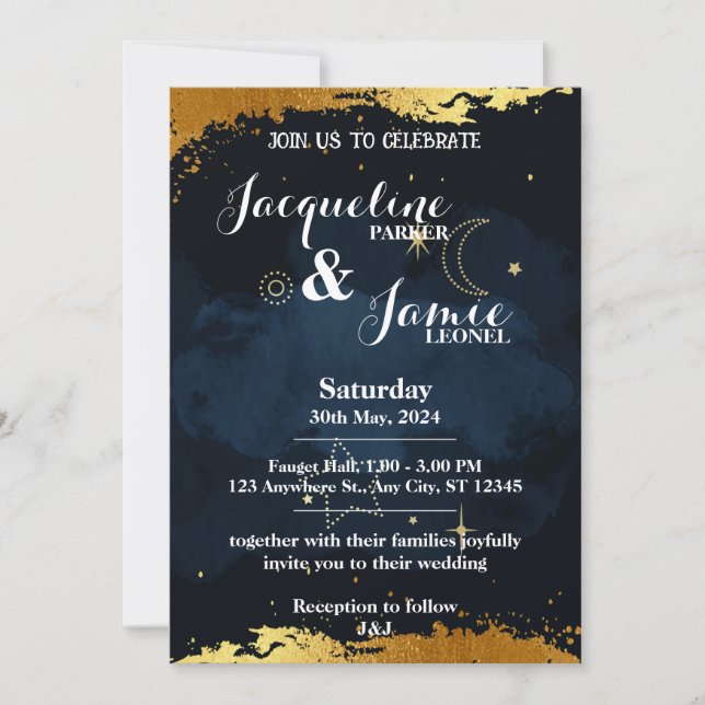 Blue and Gold Night Sky Illustrative Wedding  Invitation (Front)