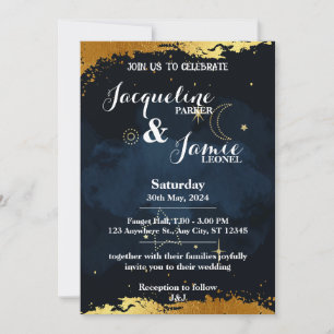 Blue and Gold Night Sky Illustrative Wedding  Invitation