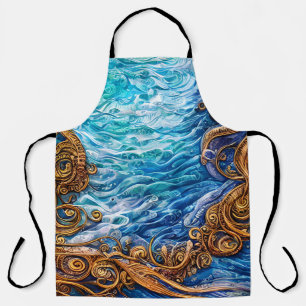 Blue and Gold Ocean  Ripple Waves Abstract Art Apron
