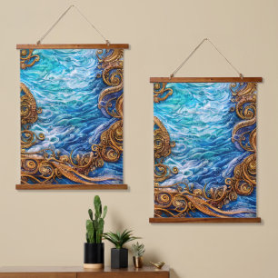 Blue and Gold Ocean  Ripple Waves Abstract Art Hanging Tapestry