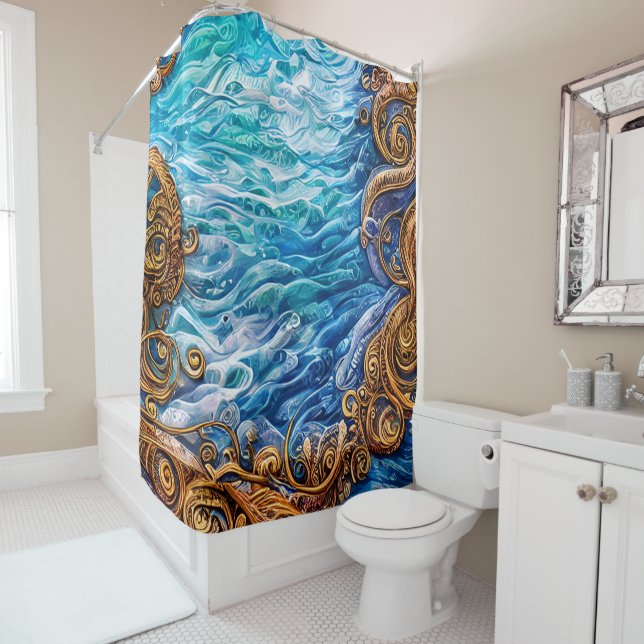 Blue and Gold Ocean  Ripple Waves Abstract Shower Curtain (In Situ)