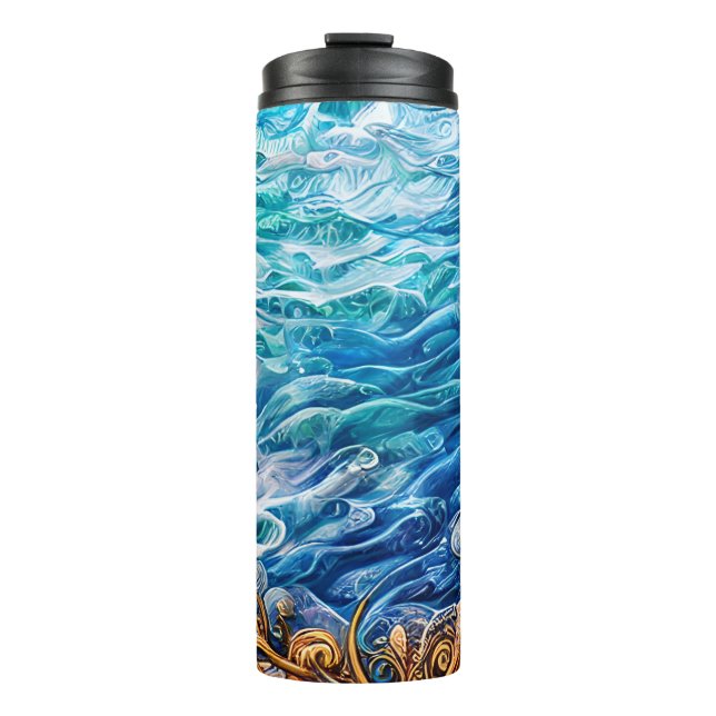Blue and Gold Ocean  Ripple Waves Abstract Thermal Tumbler (Front)