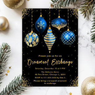 Blue and Gold Ornament Exchange Party Invitation