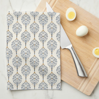 Blue and Gold Ornamental Botanical Pattern Elegant Tea Towel