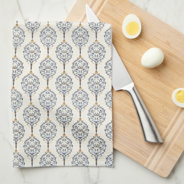 Blue and Gold Ornamental Botanical Pattern Elegant Tea Towel (Quarter Fold)
