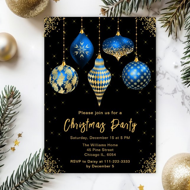 Blue and Gold Ornaments Christmas Party Invitation (Creator Uploaded)