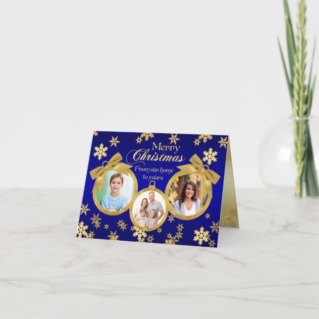 Blue and Gold Ornaments Christmas Photo Card (Front)