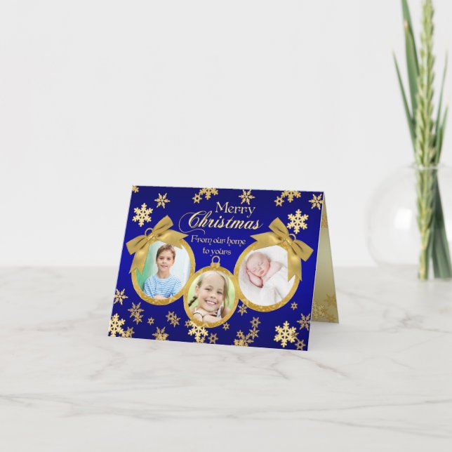 Blue and Gold Ornaments Christmas Photo Card (Front)