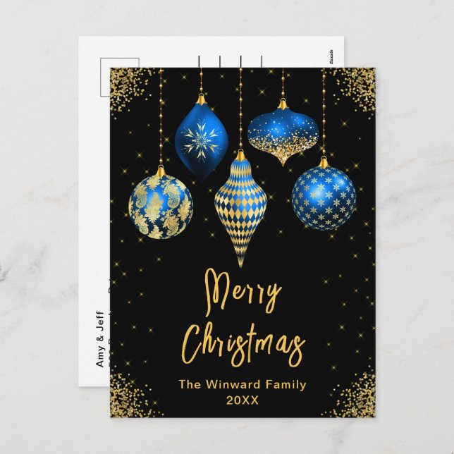 Blue and Gold Ornaments Merry Christmas Holiday Postcard (Front/Back)