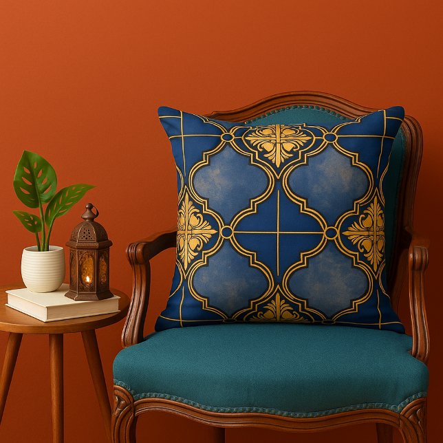 Blue and Gold Ornate Moroccan Tile Pattern Cushion (Blue and gold ornate Moroccan Tile Pattern throw pillow in Boho living room)