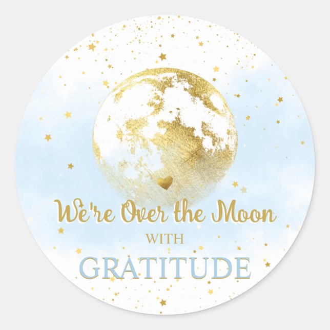 Blue and Gold Over the Moon Baby Shower Thank You Classic Round Sticker (Front)