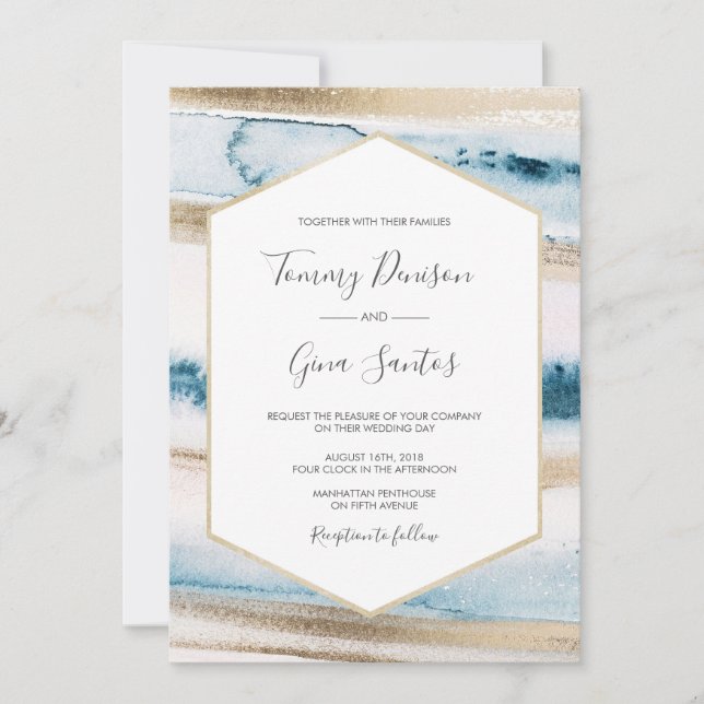 Blue and gold paint Watercolor Wedding Invitation (Front)