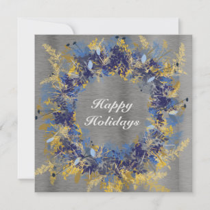 Blue and Gold Painted Wreath Holiday Card