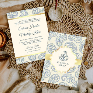 Blue and Gold Paisley Islamic Muslim Wedding Invitation