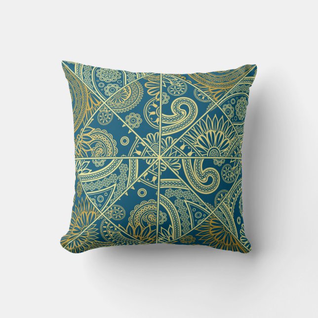 Blue and Gold Paisley Kaleidoscope Pillow (Front)