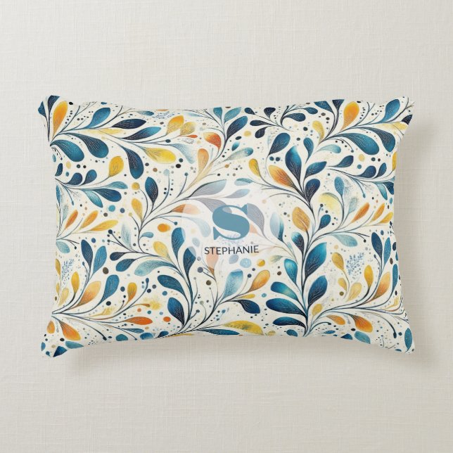 Blue and Gold Paisley Leaf Pattern (2) Decorative Cushion (Front)