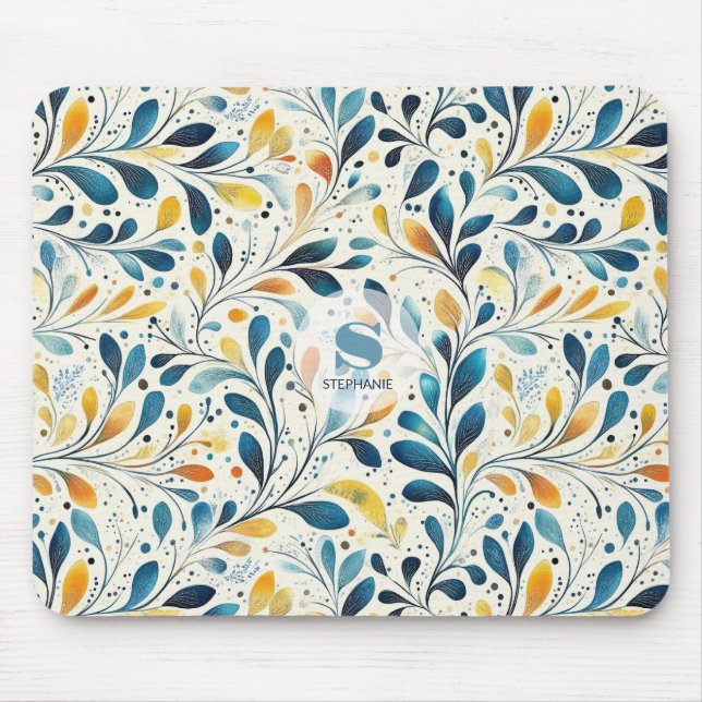 Blue and Gold Paisley Leaf Pattern (2) Mouse Mat (Front)